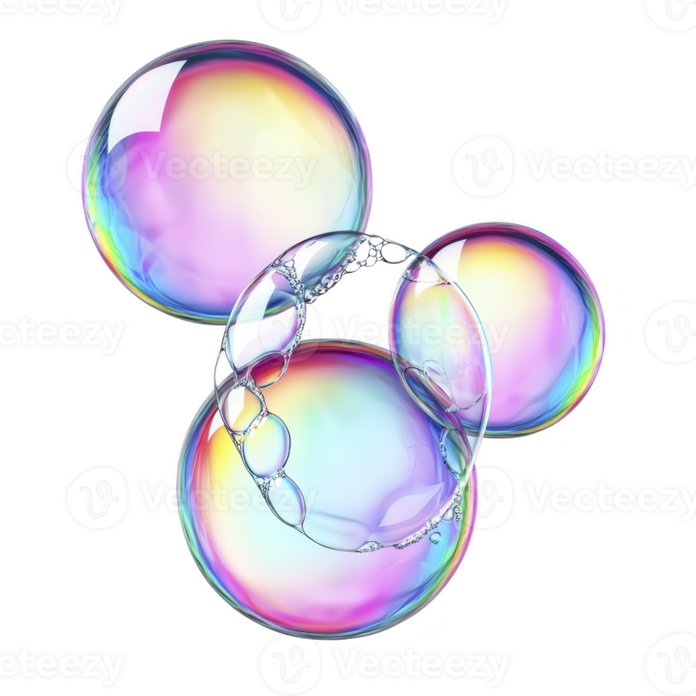 Colorful soap bubbles with rainbow sheen float against transparent background, showcasing their delicate and translucent nature. iridescent colors create whimsical and playful atmosphere png