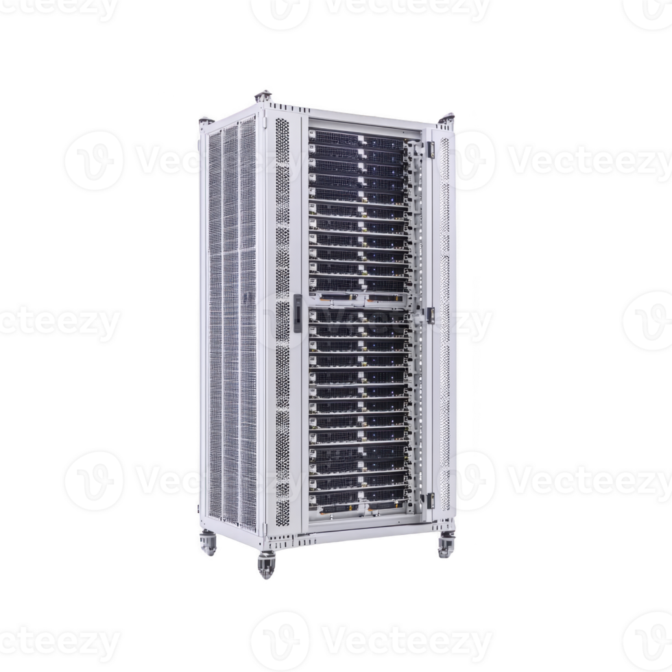 large, metallic server rack filled with multiple servers is shown, featuring mesh door for ventilation. rack is on wheels for mobility, suitable for data centers or IT environments png