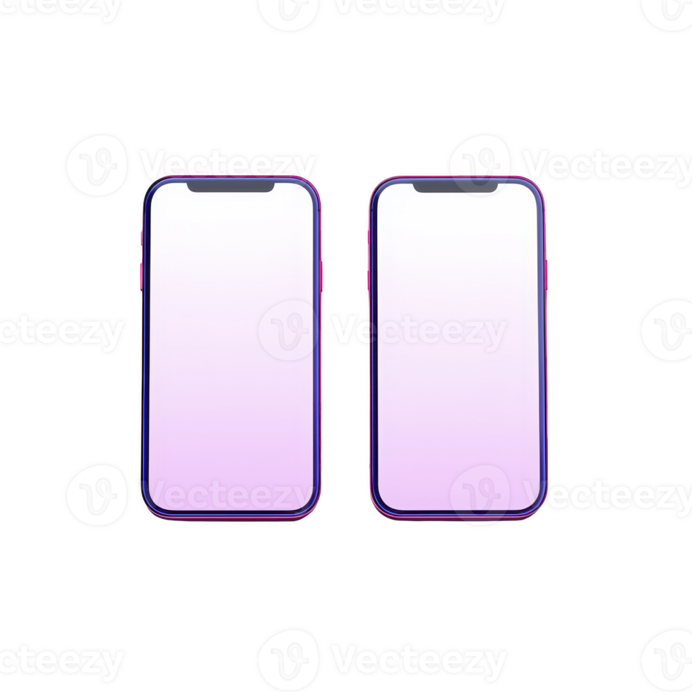 Two modern smartphones with blank screens are displayed side by side, featuring sleek design and gradient purple color. devices are isolated transparency background, emphasizing their contemporary png