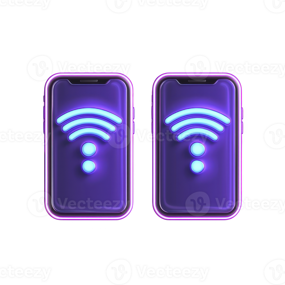 Two smartphones with glowing neon purple frames display bright blue Wi Fi symbol on their screens, symbolizing connectivity and communication. vibrant colors create futuristic and tech savvy vibe png