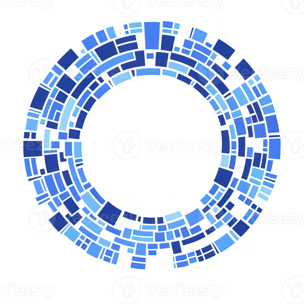 circular mosaic pattern composed of various shades of blue tiles creates visually striking design. arrangement of rectangular and square tiles forms concentric circle, giving sense of movement png