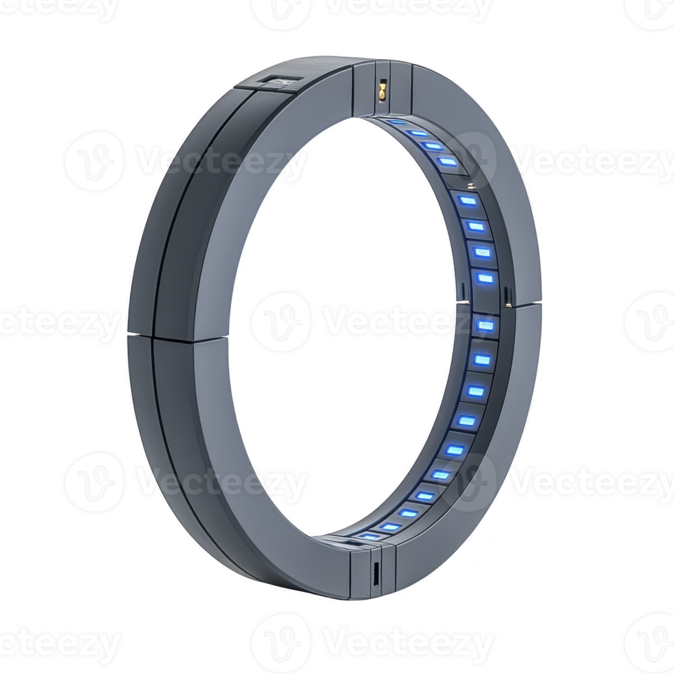This features sleek, futuristic ring with glowing blue lights, suggesting advanced technology or sci fi theme. design is minimalistic and modern, evoking sense of innovation and sophistication png