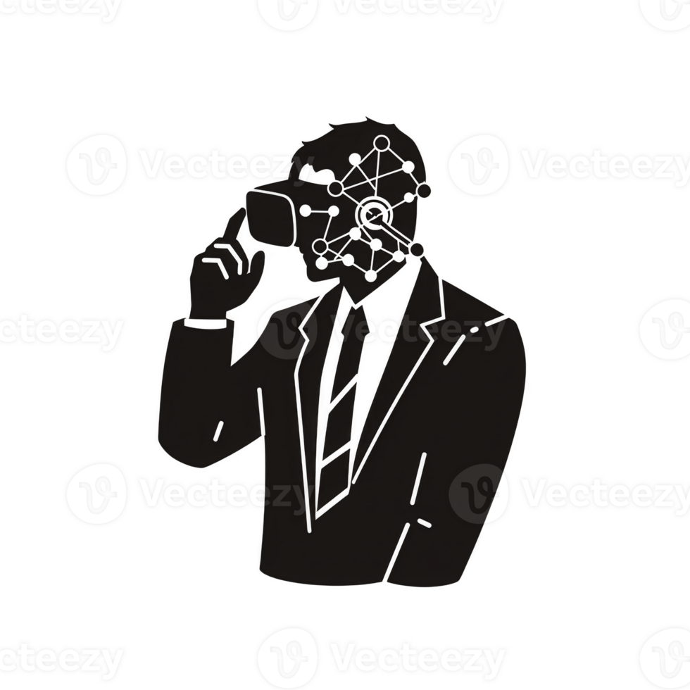 person in suit wearing virtual reality goggles with network pattern on their face symbolizes integration of technology and human interaction png