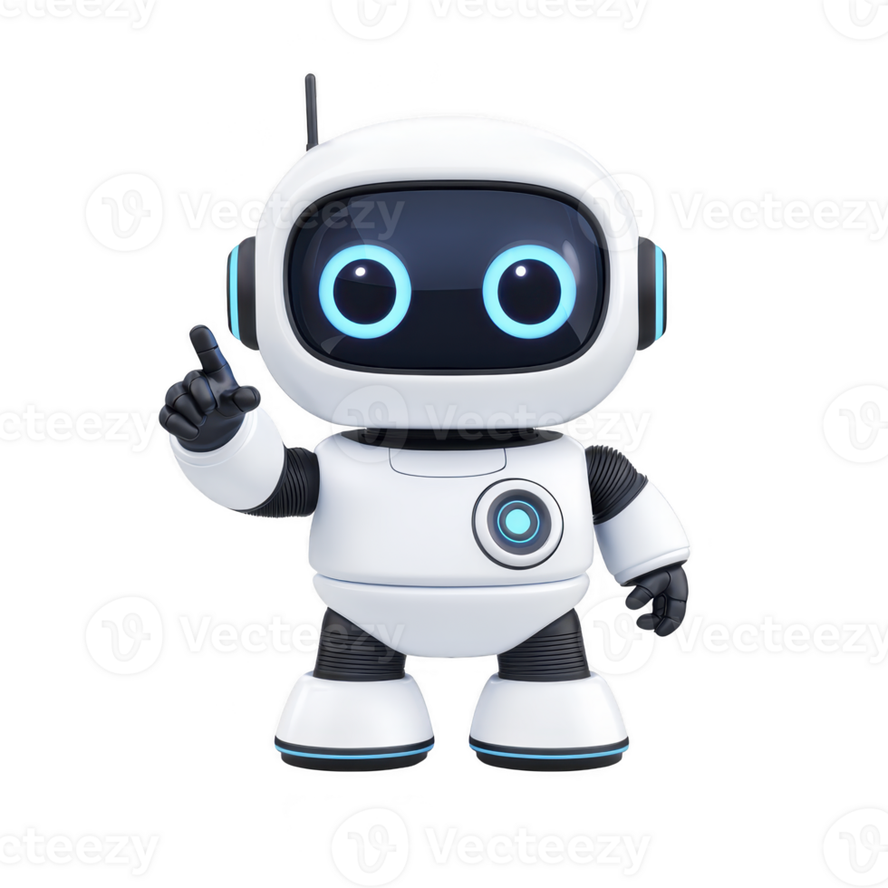 cute robot with white body and blue accents is standing with one finger raised, suggesting idea or instruction. robot has friendly expression with large blue eyes png