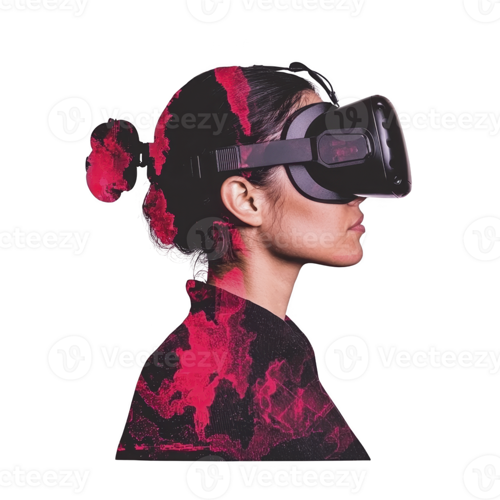 person wearing virtual reality headset is immersed in digital experience, with vibrant red and black abstract elements surrounding them, creating futuristic and dynamic atmosphere png