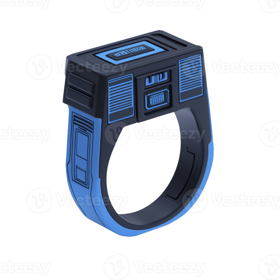 futuristic black and blue ring with digital design, featuring geometric patterns and rectangular top, evokes sense of modern technology and innovation png