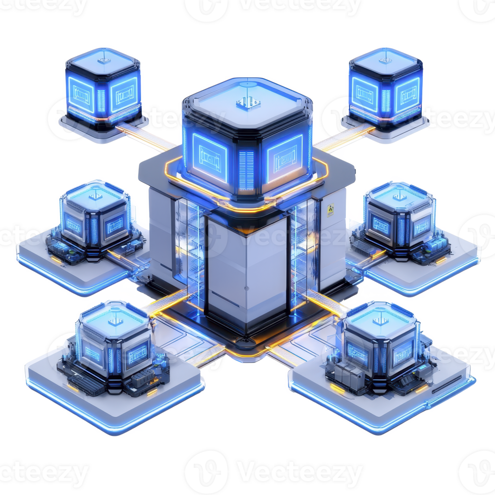 futuristic network of interconnected servers with glowing blue lights and sleek design, representing advanced technology and digital communication png