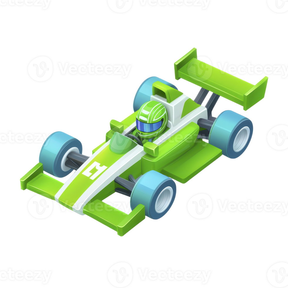 green and white race car with driver in helmet is depicted in dynamic, isometric style. car features aerodynamic wings and large tires, emphasizing speed and competition png