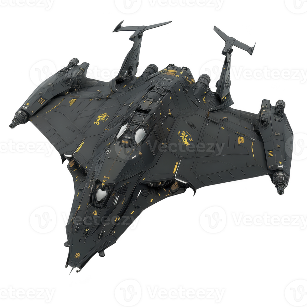 sleek, futuristic black spaceship with intricate yellow detailing and multiple engines, designed for space exploration and combat. Its angular design suggests advanced technology and speed png