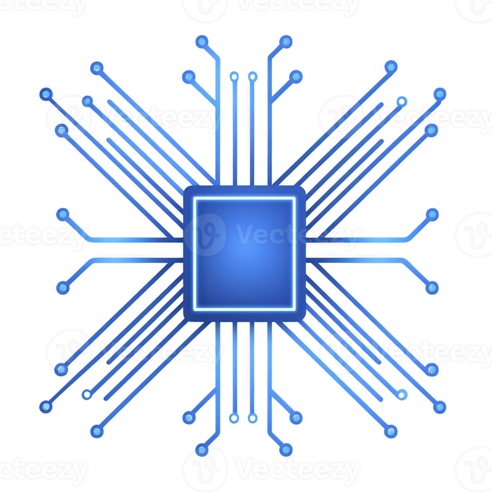 glowing blue microchip with intricate circuit lines radiating outward symbolizes advanced technology and connectivity. design highlights innovation and digital communication png