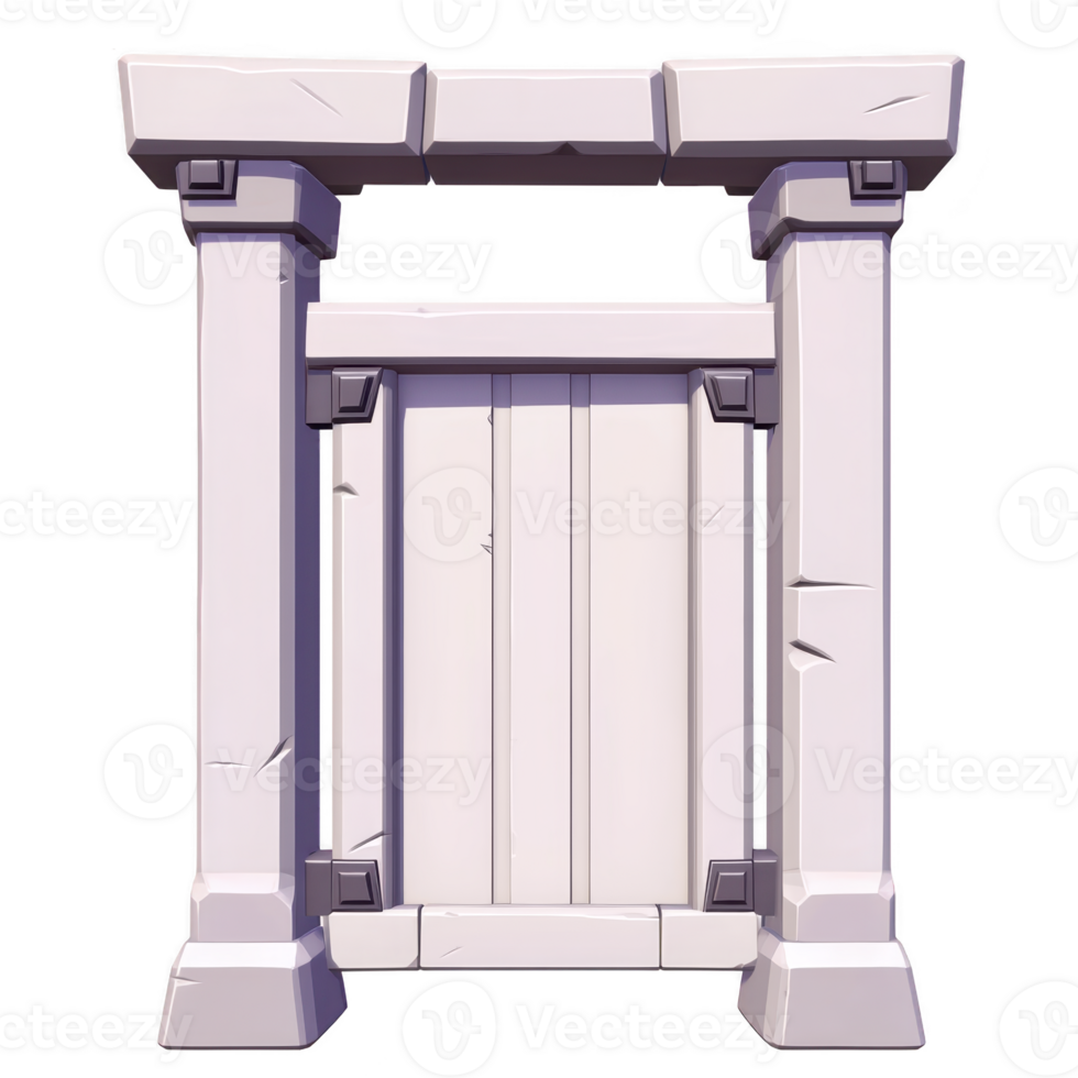 stylized stone archway with two columns and central panel, featuring cartoonish design and subtle texture details. structure has symmetrical and ancient appearance png