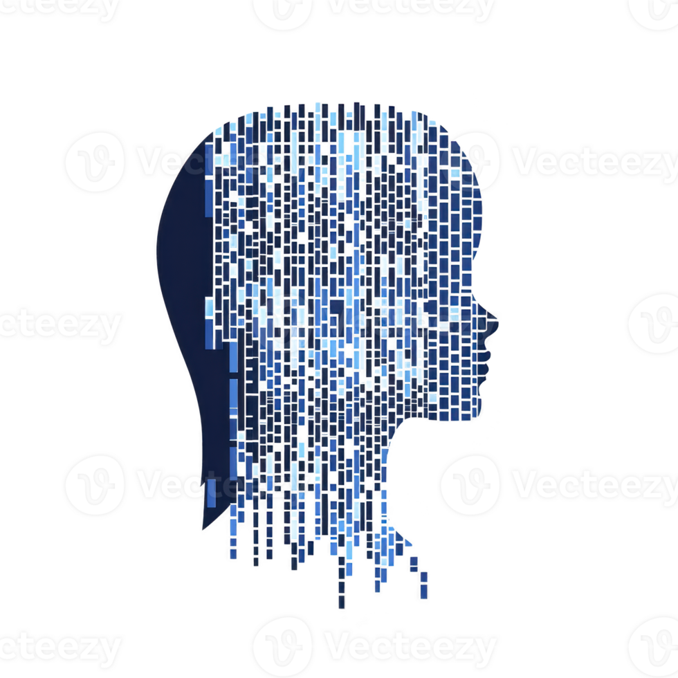 digital silhouette of human head composed of blue and black rectangular pixels, symbolizing technology and artificial intelligence. fragmented design conveys futuristic and innovative feel png