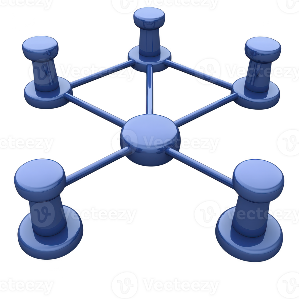 blue 3D network diagram features interconnected nodes, symbolizing connectivity and communication. central node connects to four surrounding nodes, illustrating hub and spoke model png