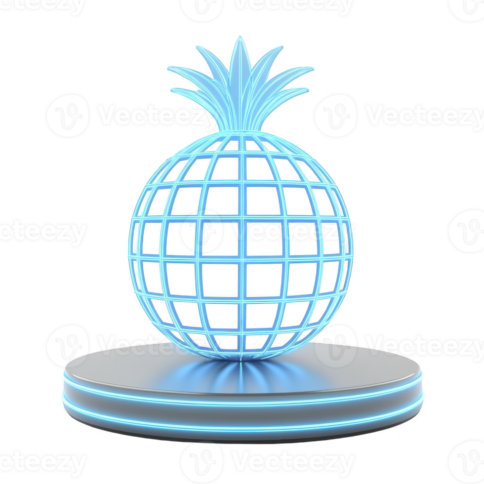 glowing neon pineapple sculpture stands on circular platform, radiating futuristic and artistic vibe. grid like structure and vibrant blue hue create striking visual effect png