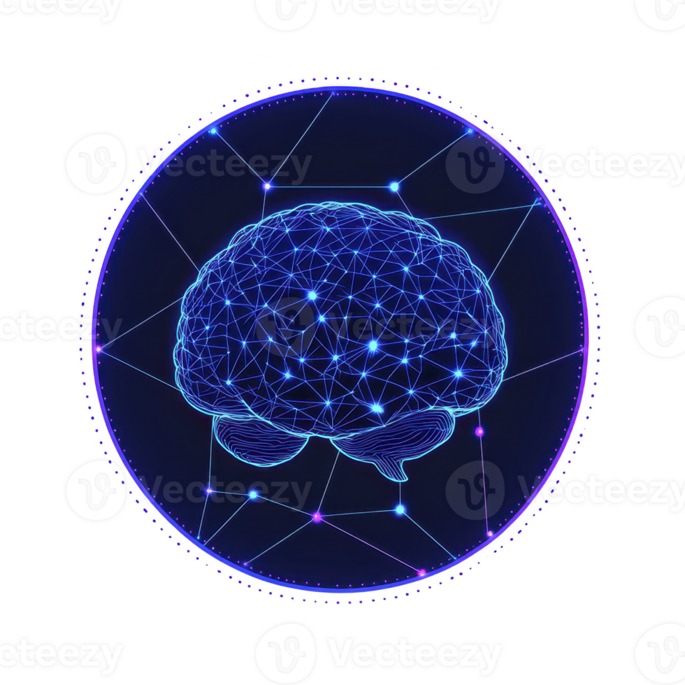 digital illustration of brain is depicted with interconnected lines and glowing nodes, symbolizing neural networks and artificial intelligence. design is set against transparency background png