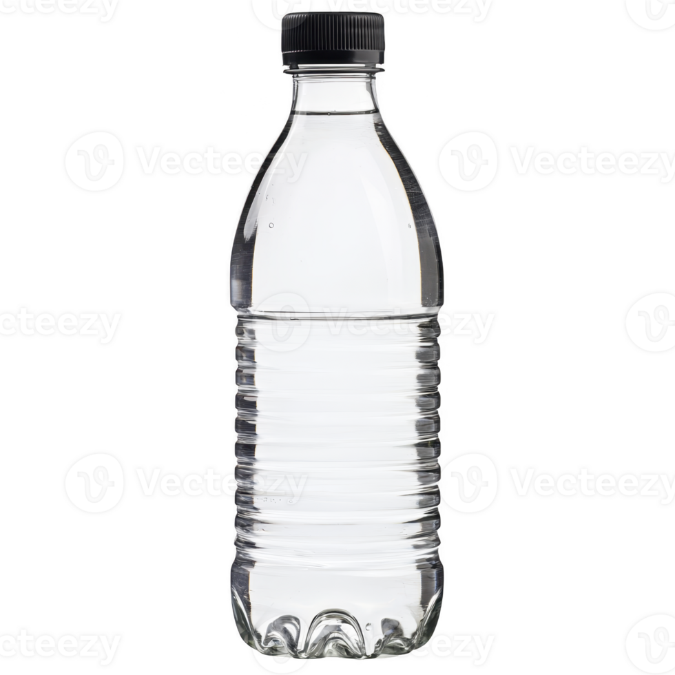 clear plastic water bottle with black cap stands upright, showcasing its simple and functional design. bottle is empty, highlighting its transparency and subtle texture of its surface png
