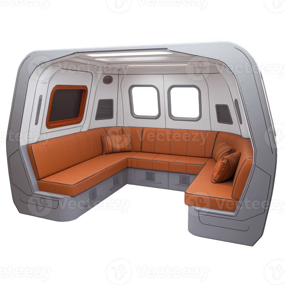 futuristic, cozy seating area with orange cushions and pillows is set within sleek, modern interior. design features large windows and minimalist aesthetic, creating comfortable and inviting space png