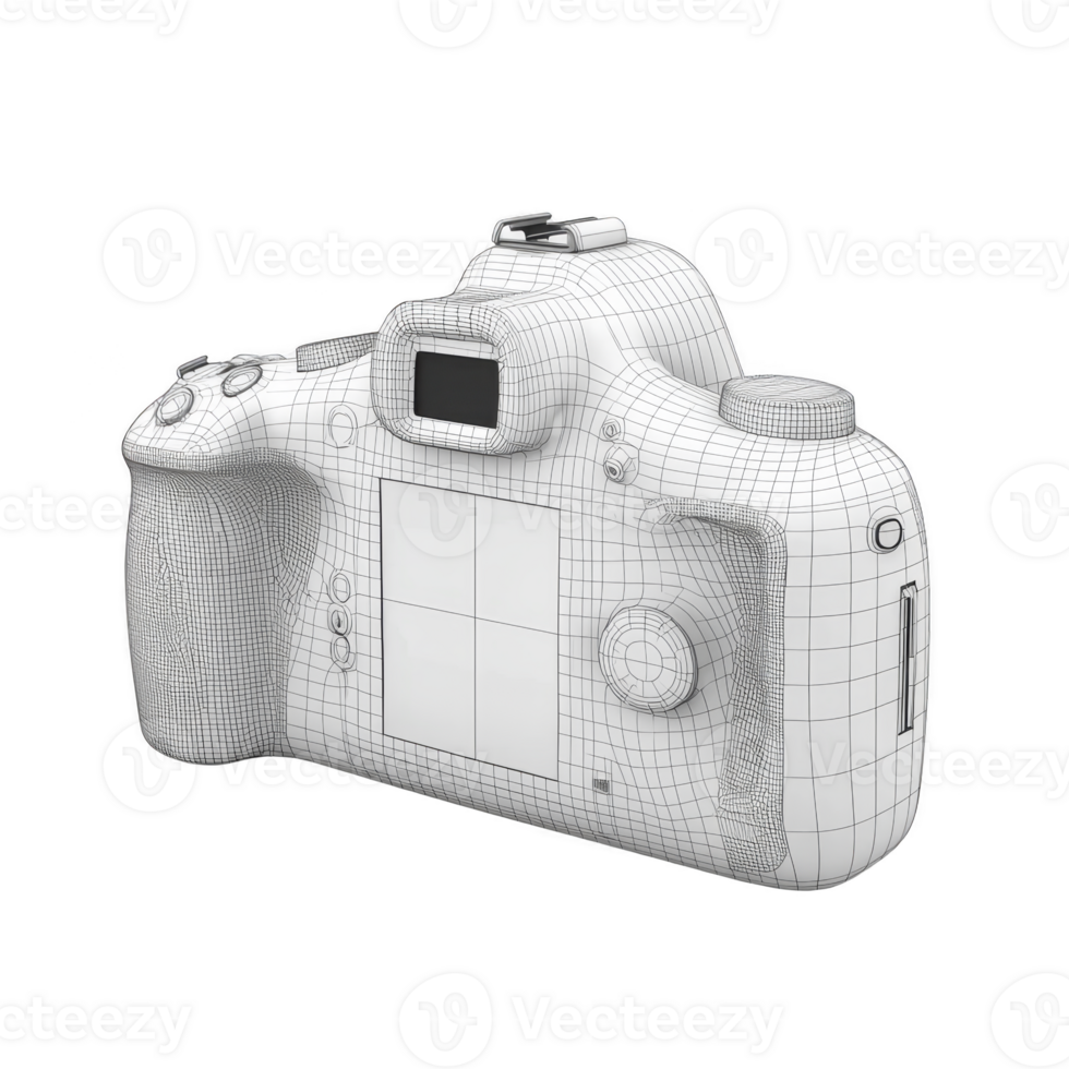 3D wireframe model of digital camera showcasing intricate details and design elements, highlighting structure and layout of buttons and screen. model is rendered in monochrome style png
