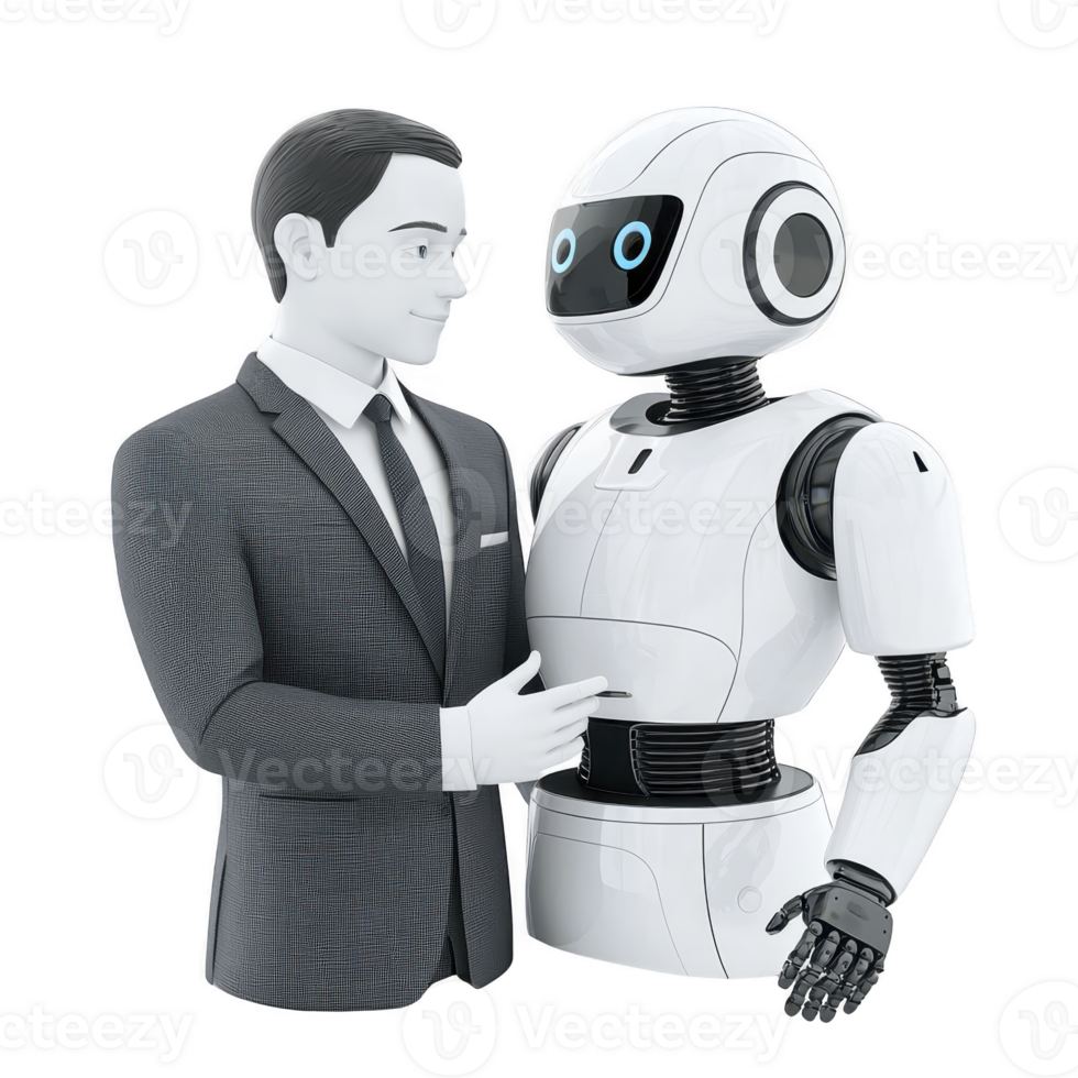businessman in suit interacts with humanoid robot, showcasing futuristic collaboration between humans and technology. scene highlights innovation and partnership png
