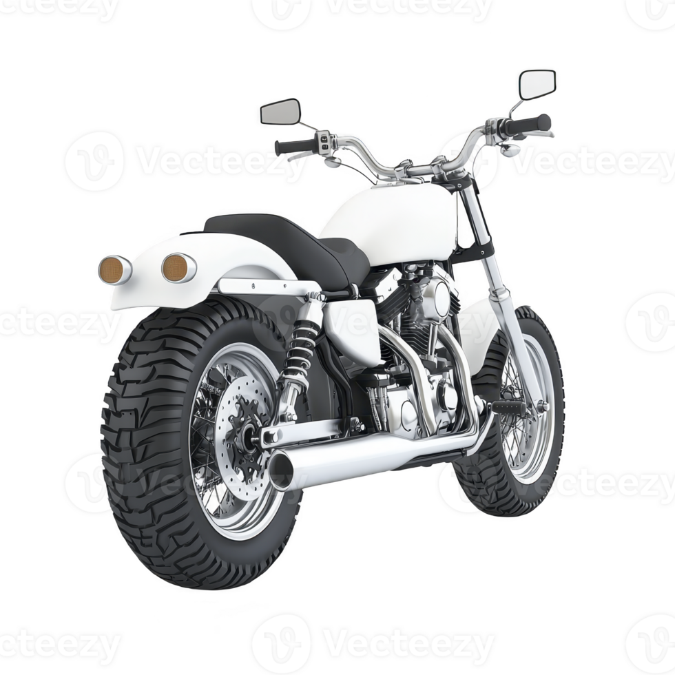 sleek white motorcycle with chrome details and powerful design, showcasing its rear view. bike features large tires, dual exhausts, and comfortable seat, exuding sense of adventure png