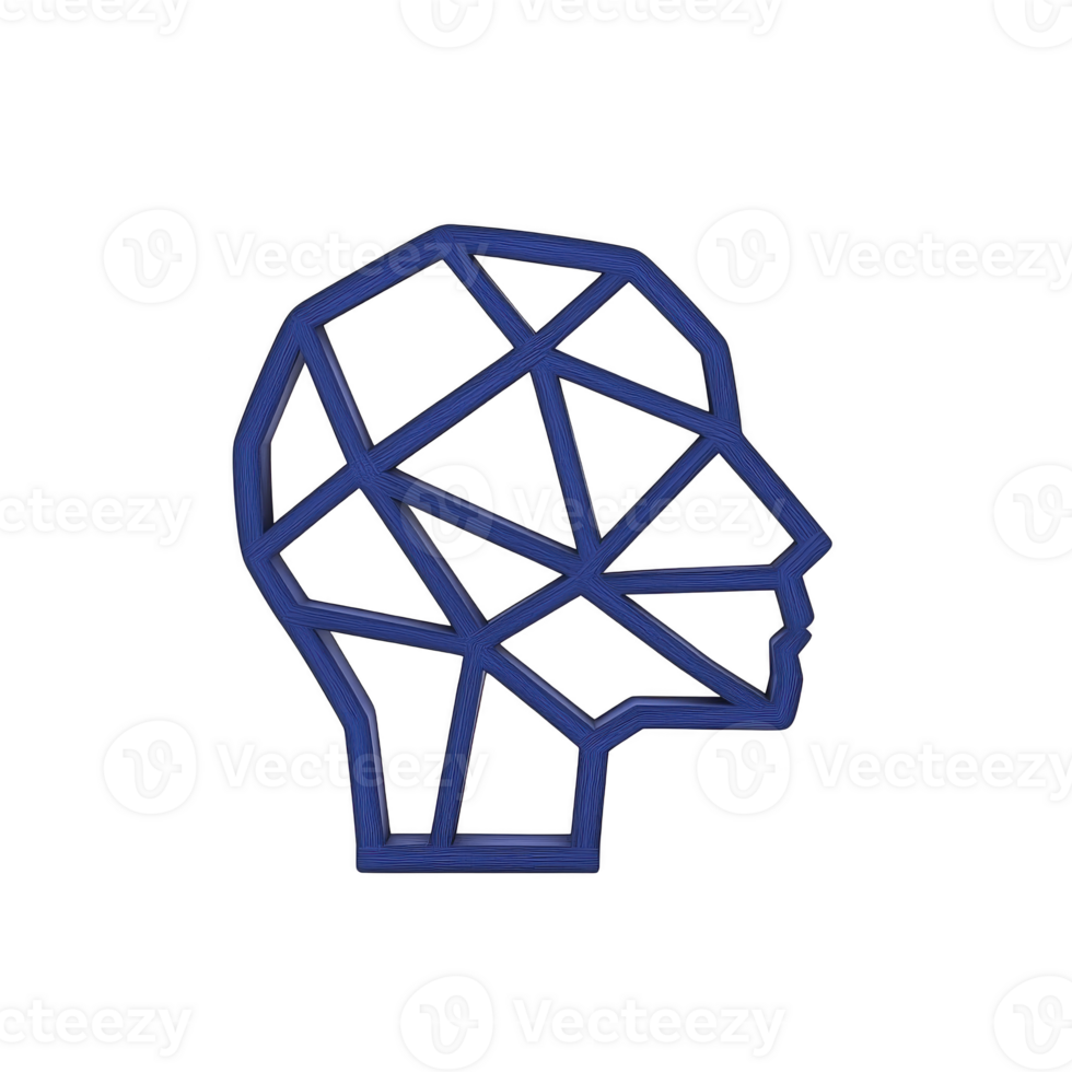 geometric blue outline of human head is depicted against transparency background, showcasing modern and abstract design. angular lines form network of polygons, creating futuristic and artistic png