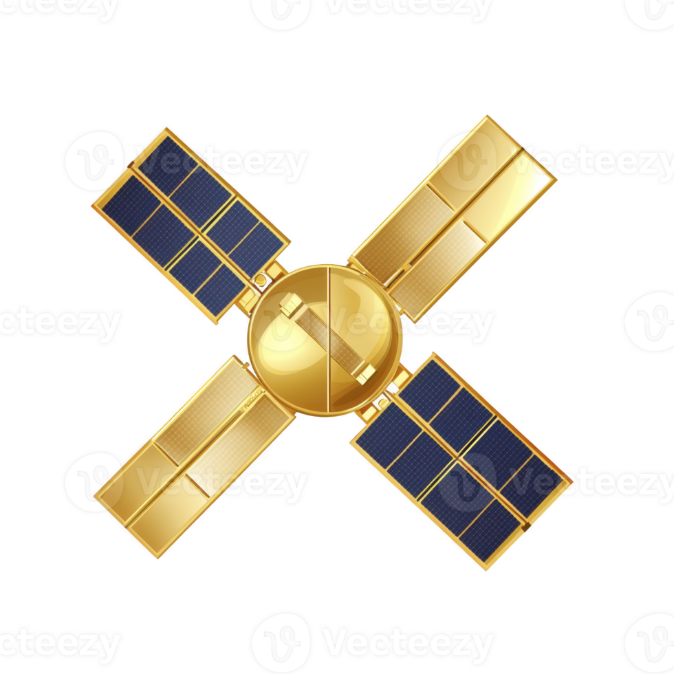 golden satellite with solar panels is depicted, showcasing futuristic design. satellite metallic finish and symmetrical structure highlight its advanced technology and space exploration purpose png