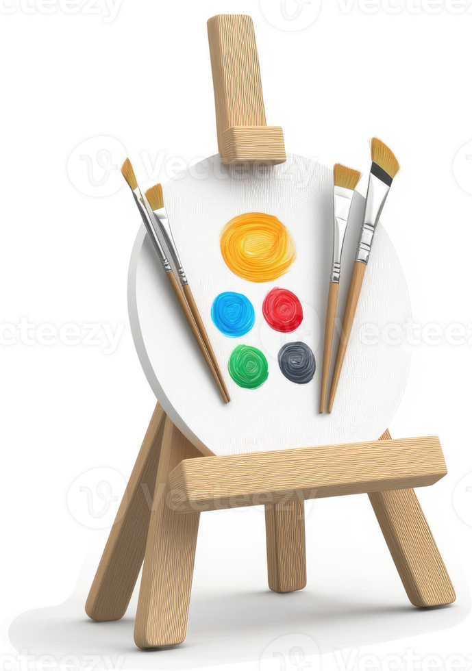 a Colorful paints and brushes on a small wooden easel png