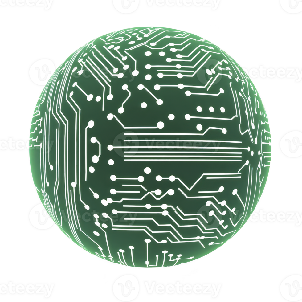 green sphere with intricate circuit patterns symbolizes technology and innovation, evoking futuristic and digital world. design suggests connectivity and advanced electronics png