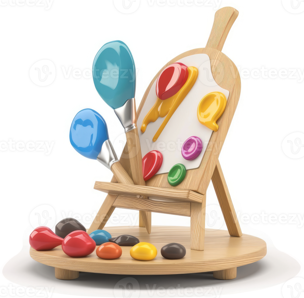 a Colorful paint palette and brushes on a wooden easel png