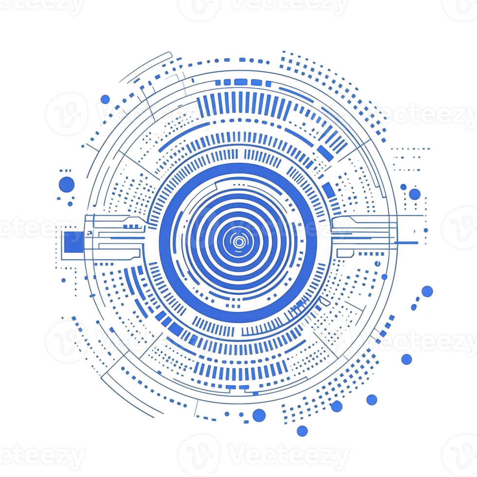 digital abstract design featuring circular pattern with intricate blue circuitry and geometric shapes, evoking futuristic and technological feel png