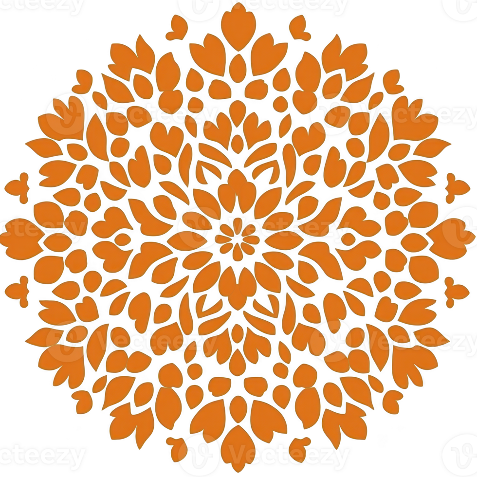 intricate orange floral mandala design with symmetrical patterns creates harmonious and decorative appearance. design features petal like shapes radiating from center, forming circular motif png