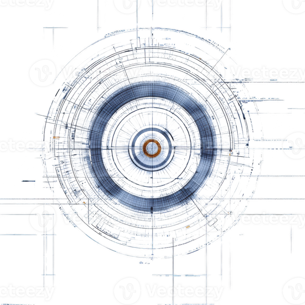 complex, futuristic circular design with intricate lines and patterns, resembling digital interface or schematic. abstract artwork features central circle surrounded by concentric layers png