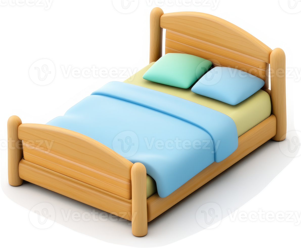 a Wooden bed with light blue bedding. png