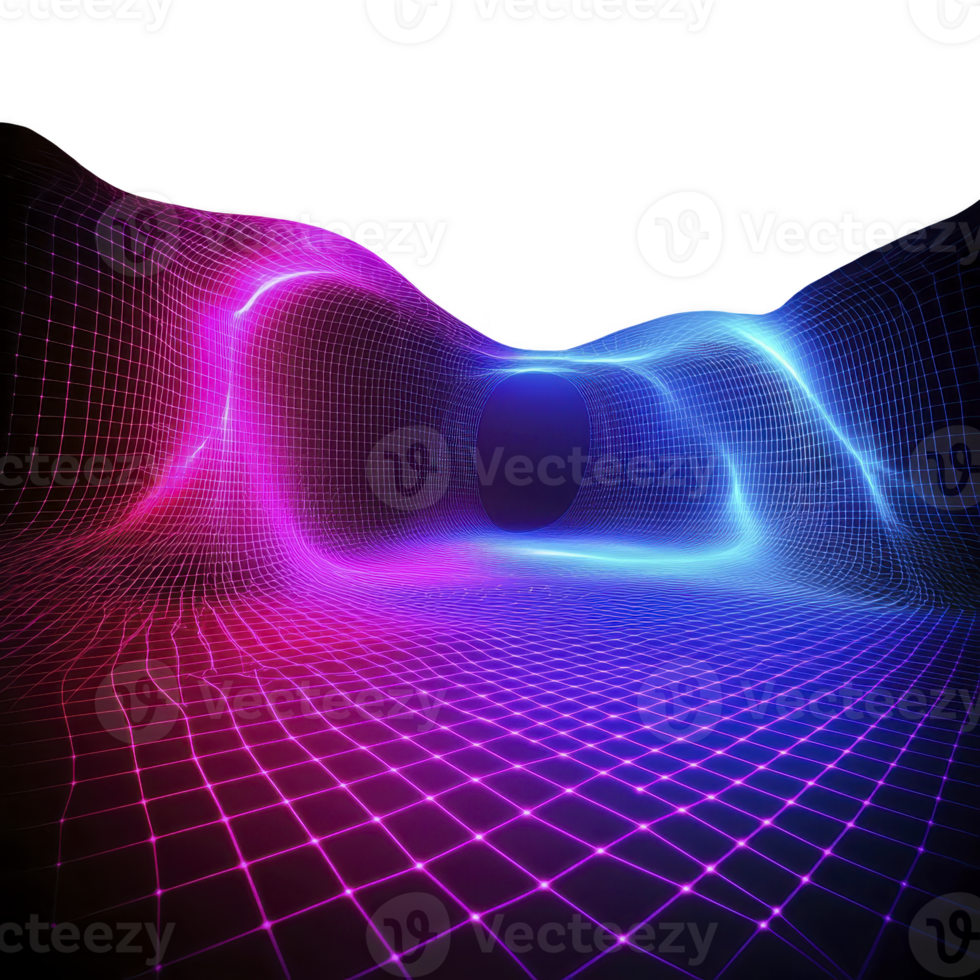 vibrant digital landscape features dynamic grid with neon pink and blue lights, creating futuristic and immersive atmosphere. glowing lines form tunnel like structure, evoking sense of depth png