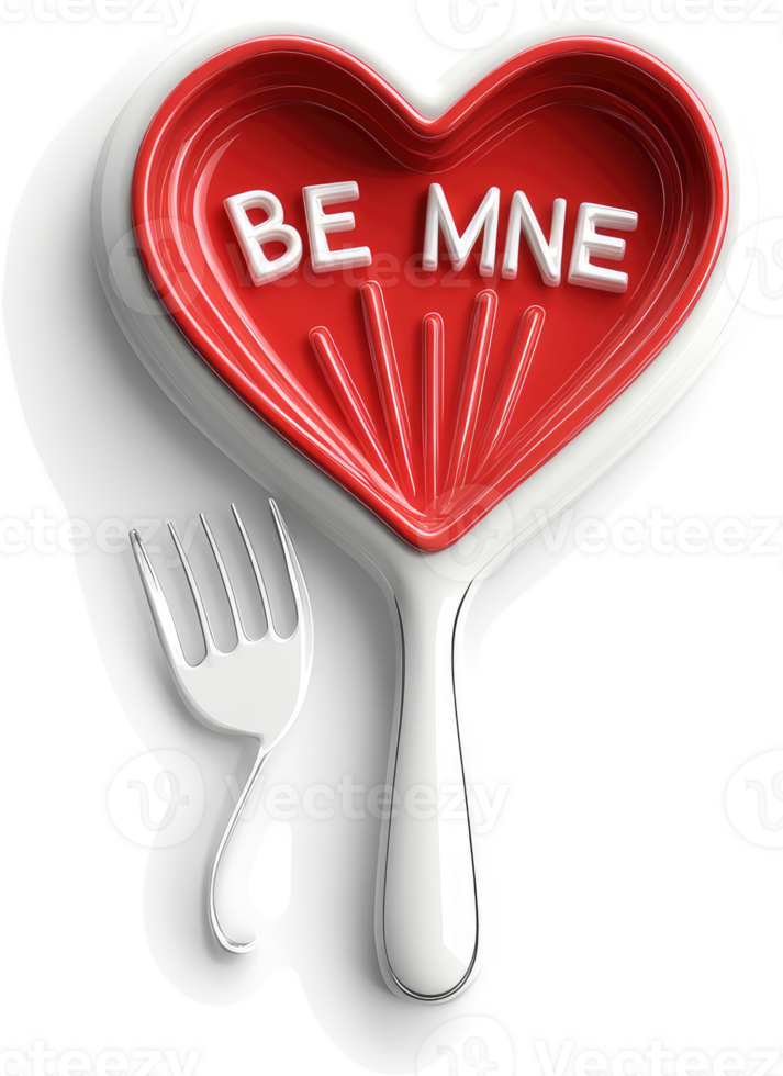 Red heart-shaped dish with be mine message and a fork. png