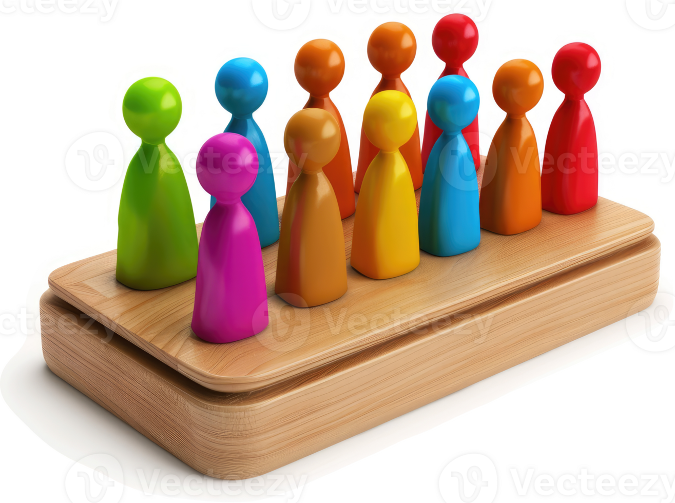 Colorful figurines arranged in a wooden platform. png