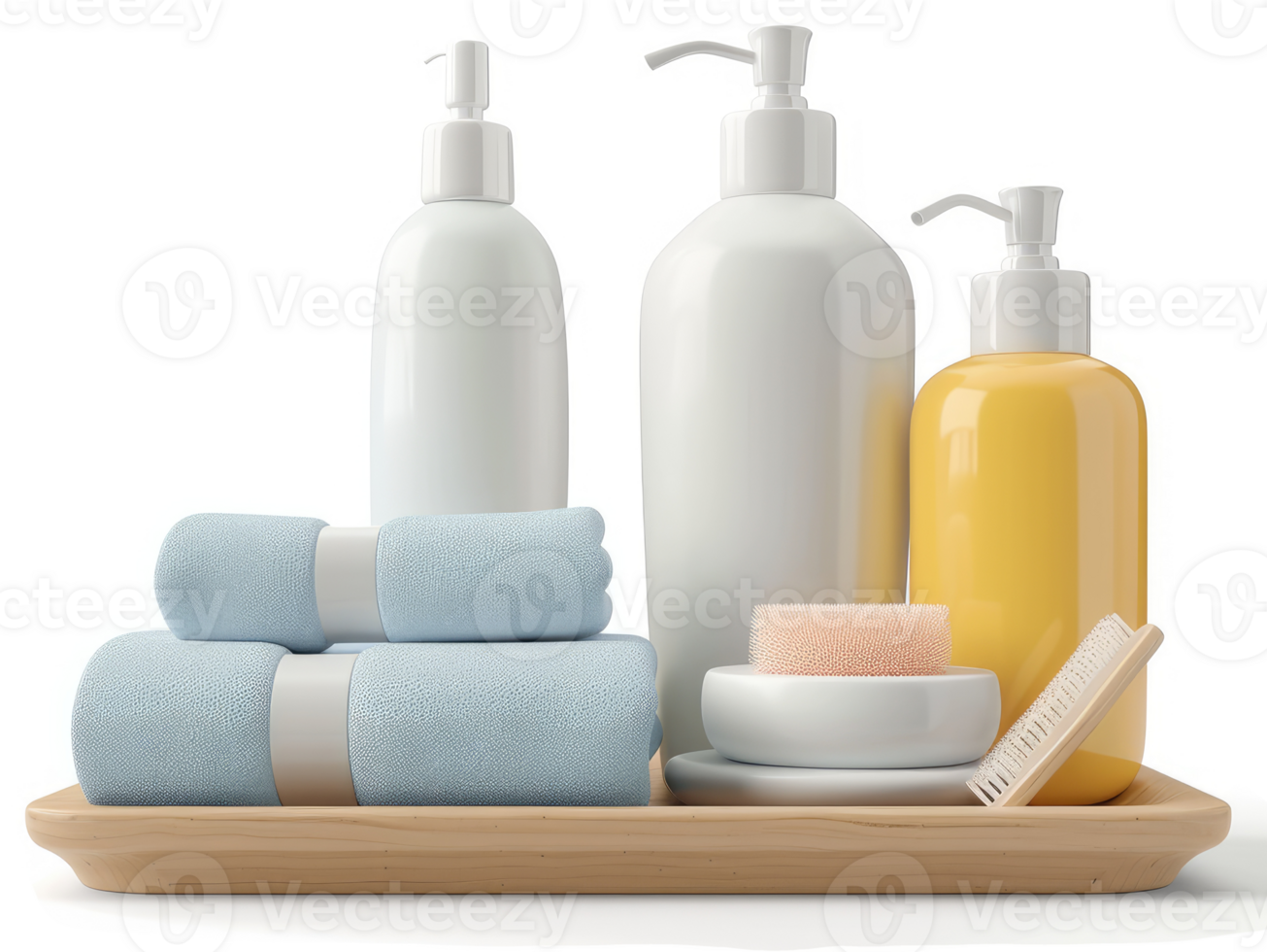 Spa toiletries displayed on a wooden tray. png