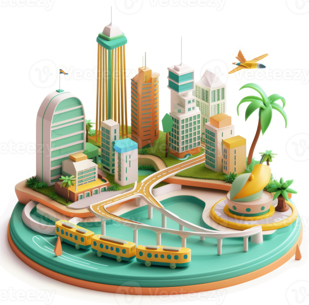 Colorful stylized cityscape model on a circular platform. png