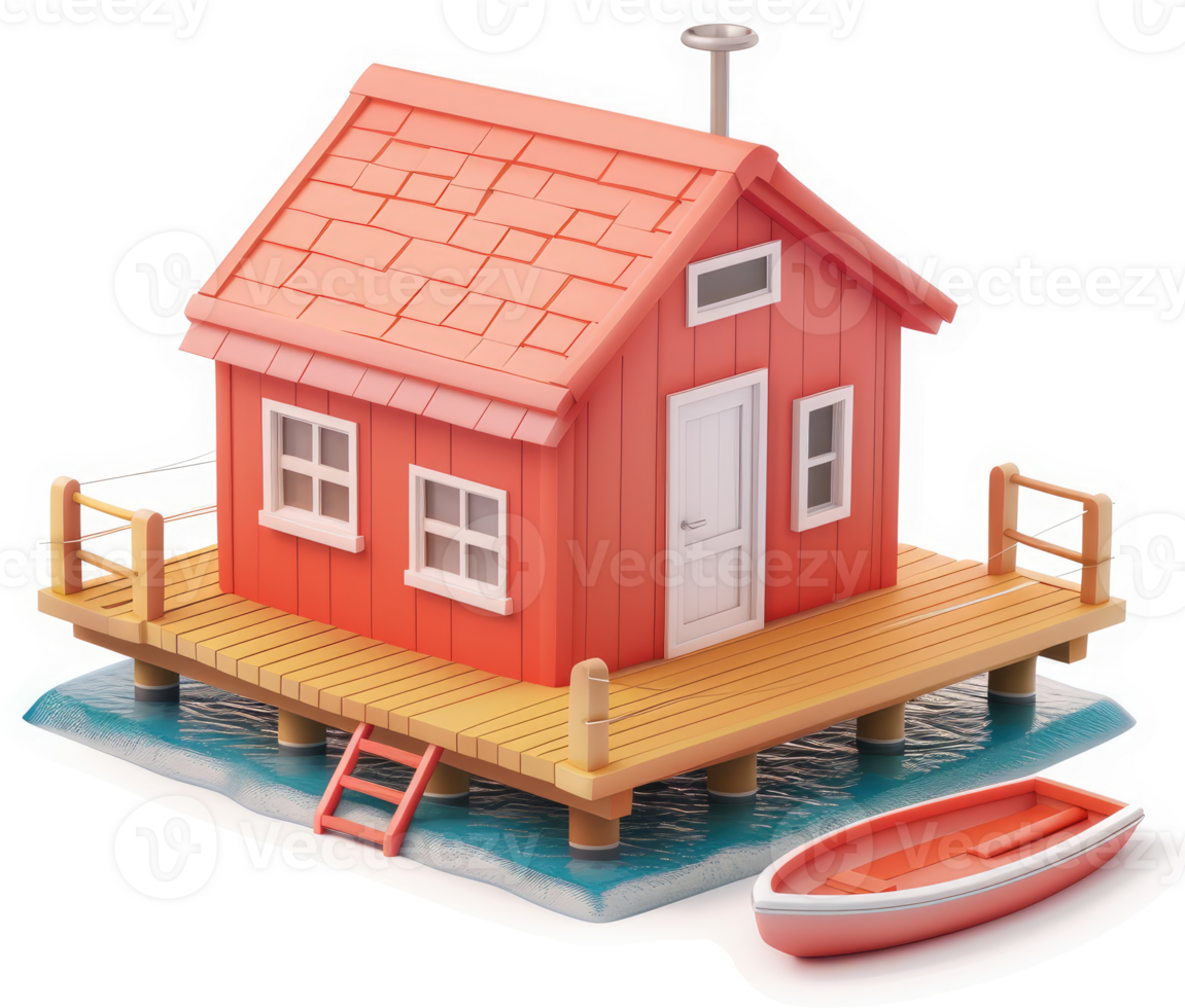 Colorful wooden house on a floating dock by the water. png