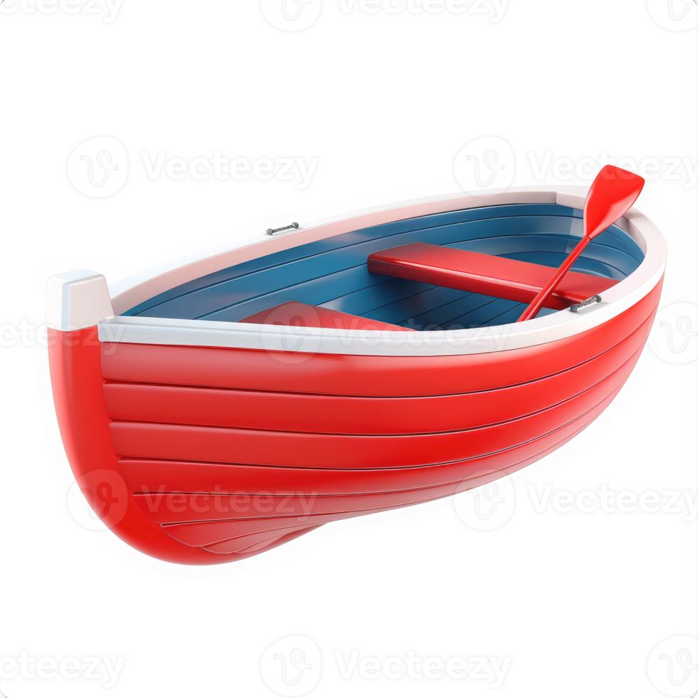 Red rowboat with interior seating and paddle. png