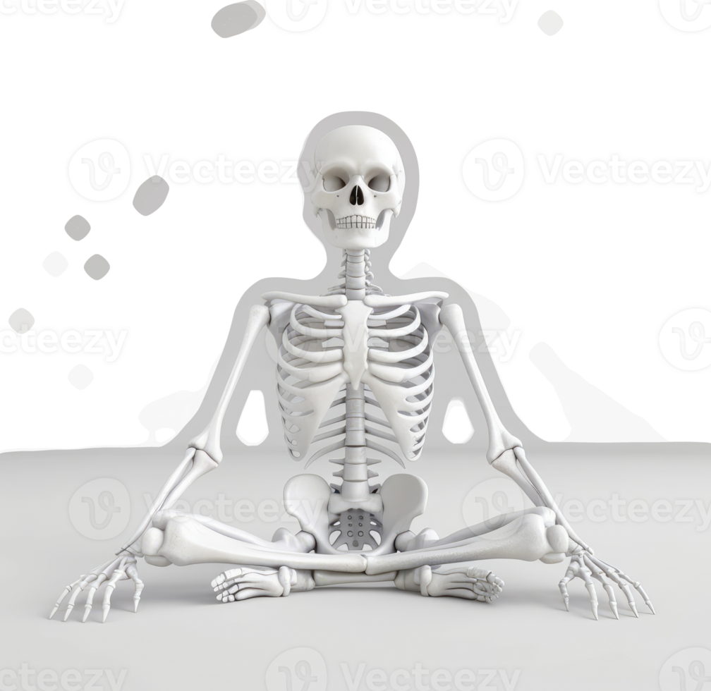 3D model of a skeleton in a seated meditation pose. png