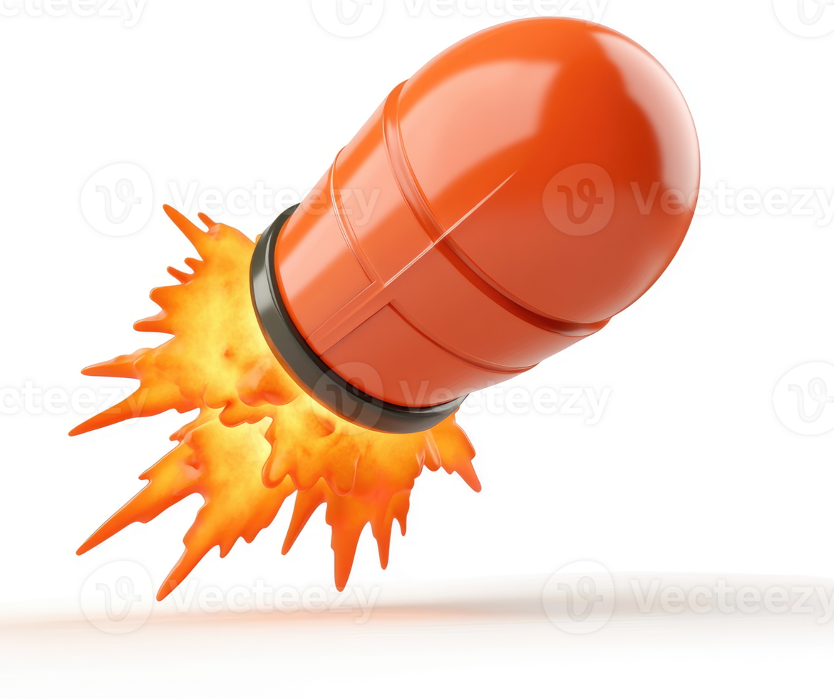 Orange rocket-shaped capsule propelling forward with fiery exhaust. png