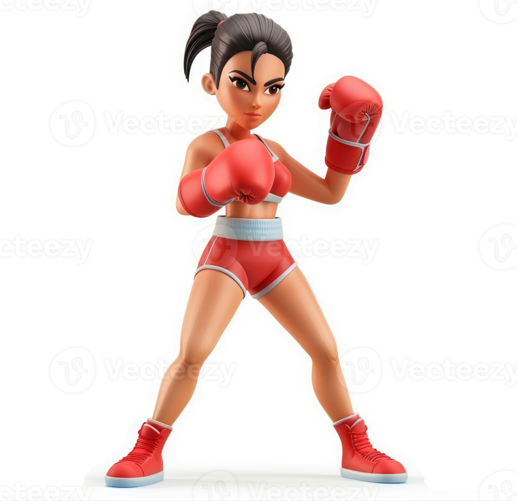 Energetic female boxer in fighting stance. png