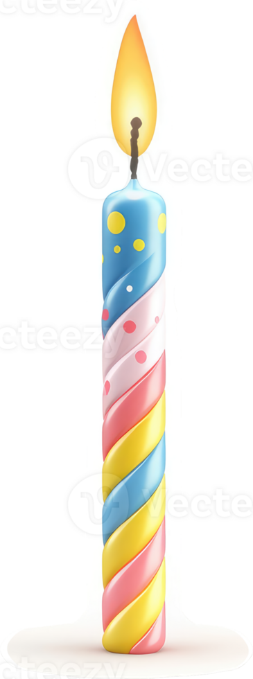 Colorful swirled birthday candle with flame. png