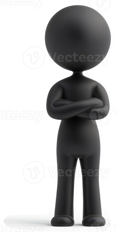 A black, 3D person stands with arms crossed. png