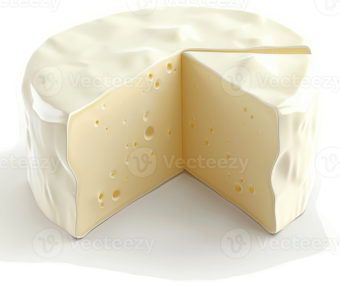Round, creamy cheese wheel sliced in half. png