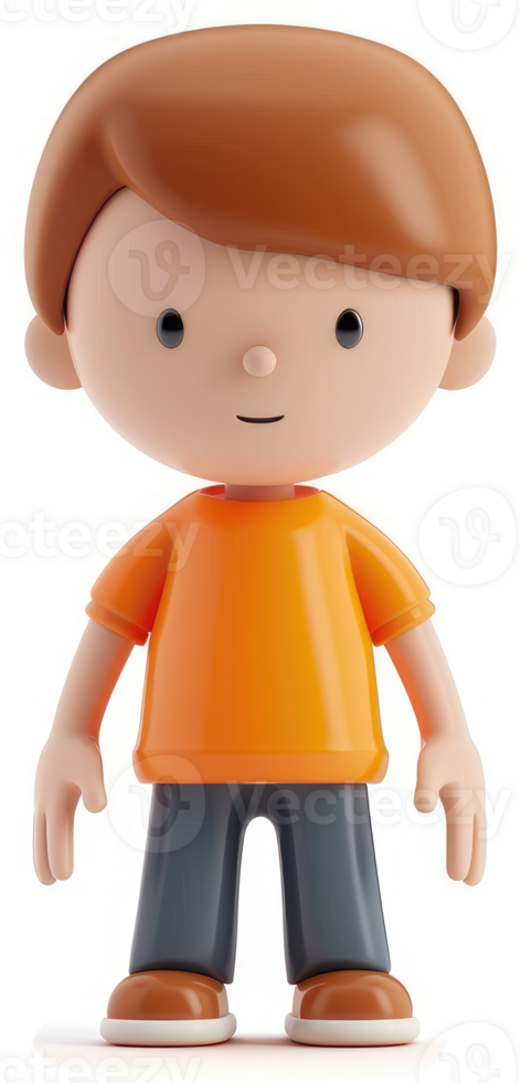 Smiling cartoon boy in orange shirt and gray pants. png