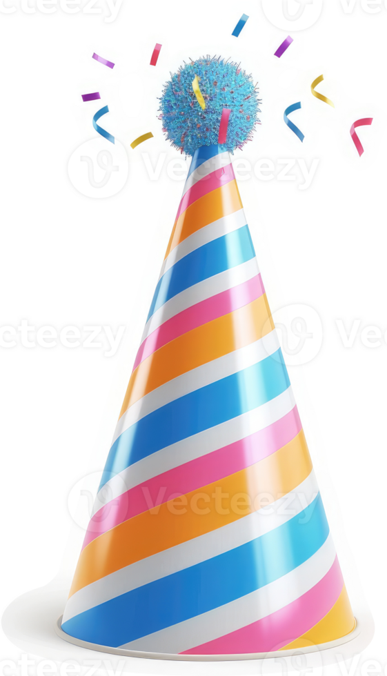 Striped party hat with colorful pompom and confetti. png