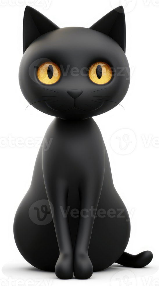 Smiling black cartoon cat sits on a white background. png