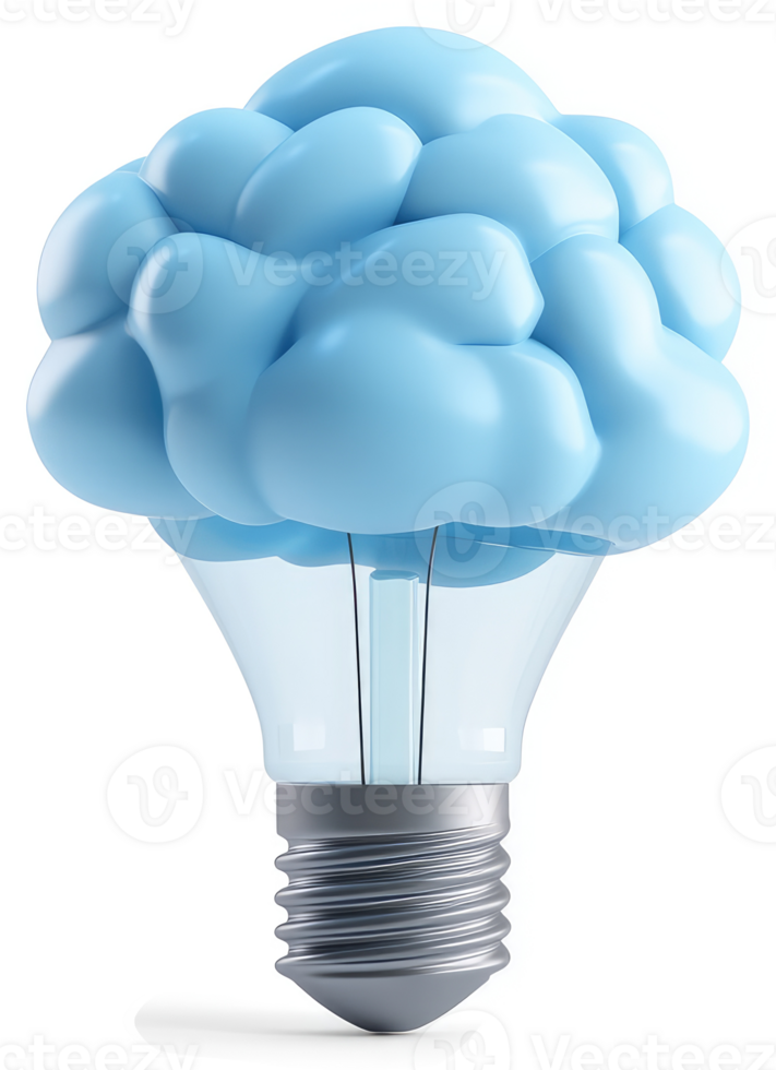 Innovative idea represented by a lightbulb and a cloud-shaped brain. png